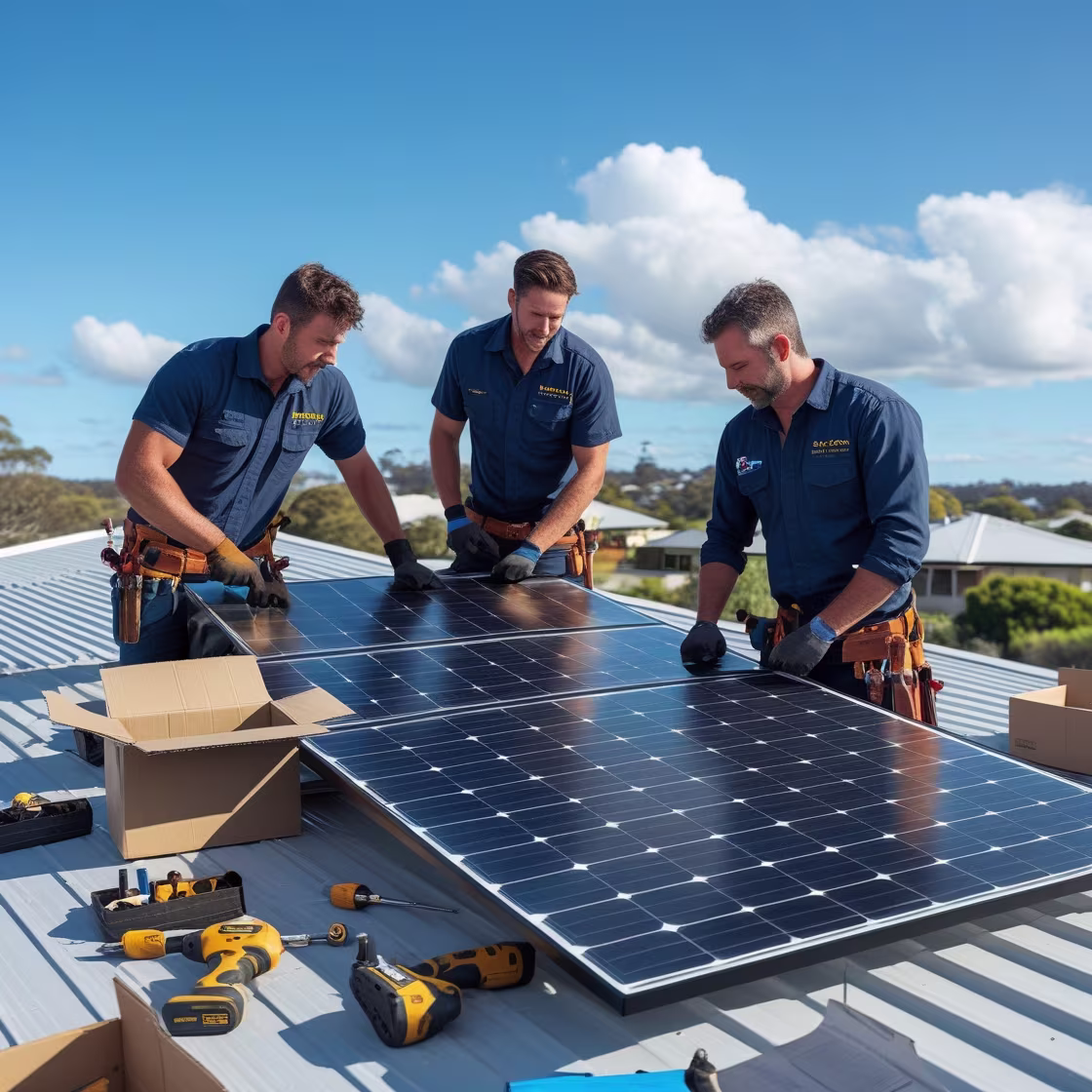 WA-solar-installation Installer safely mounting solar panels on a Colorbond roof